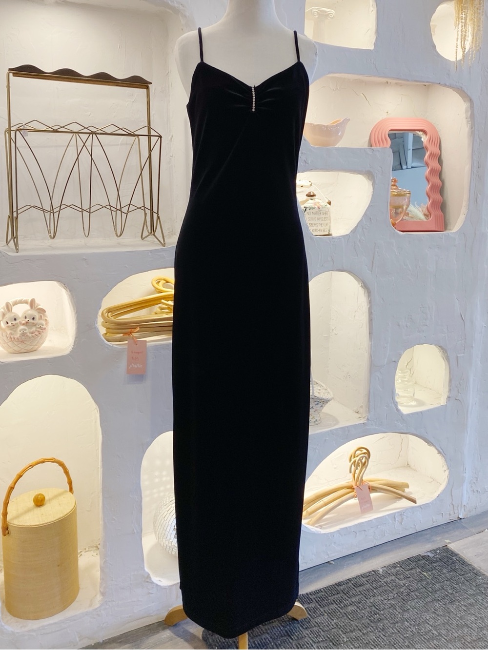 90s Vintage Black Velvet Spaghetti Strap Maxi Floor Length Evening Dress